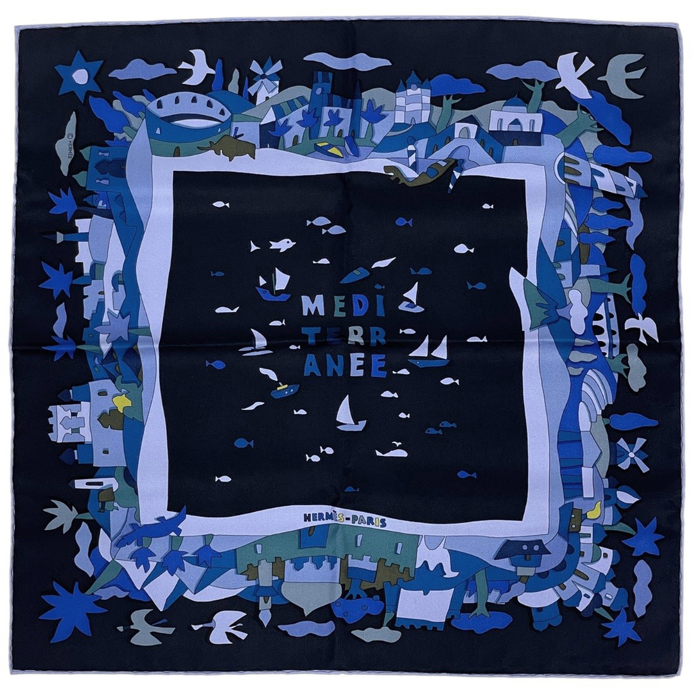 Hermes Petit Carré MEDITERRANEE Scarf/Muffler, Mediterranean Silk, Black/Blue...